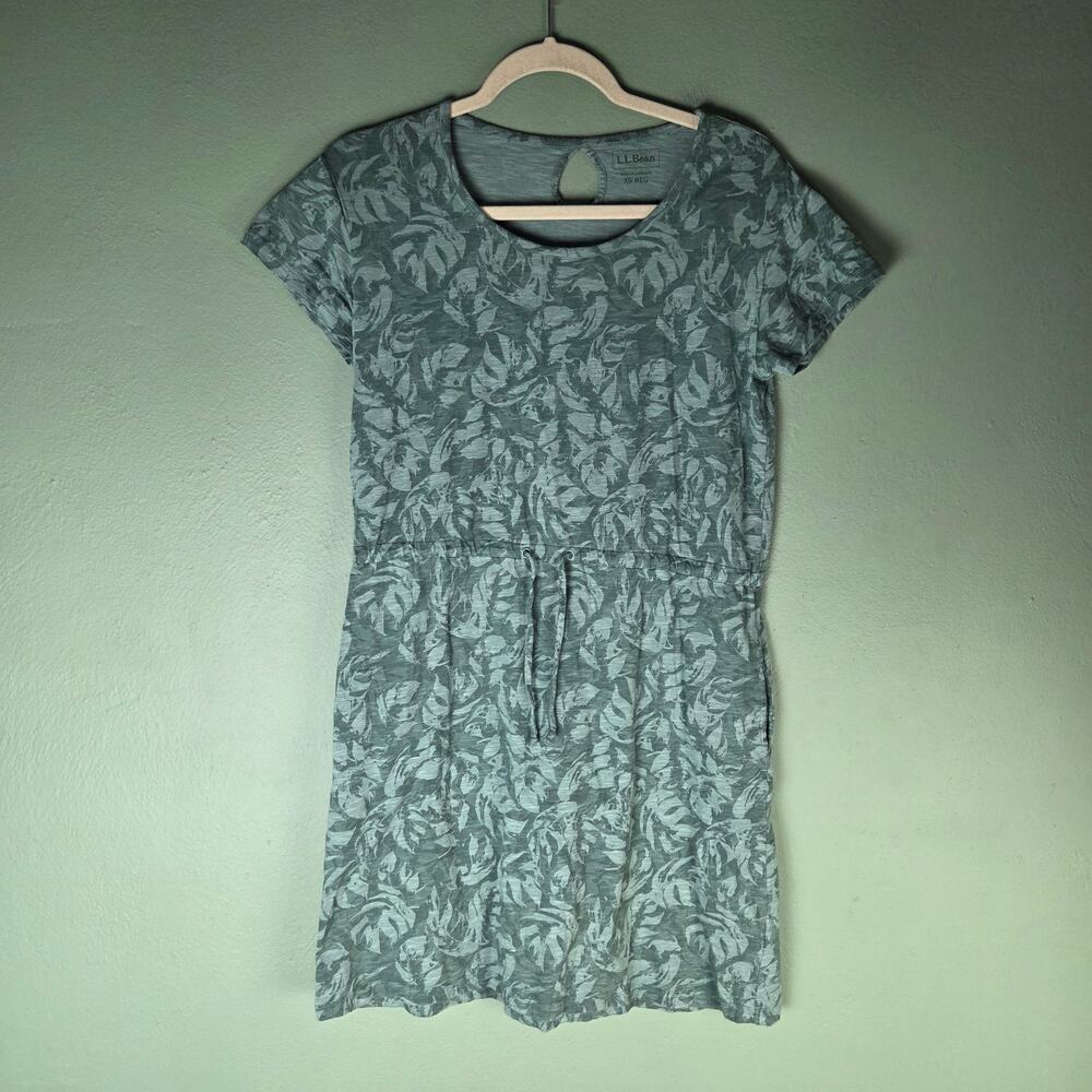 L.L Bean Dress Womens XSmall Green Printed Short Sleeve Drawstring Waist Midi